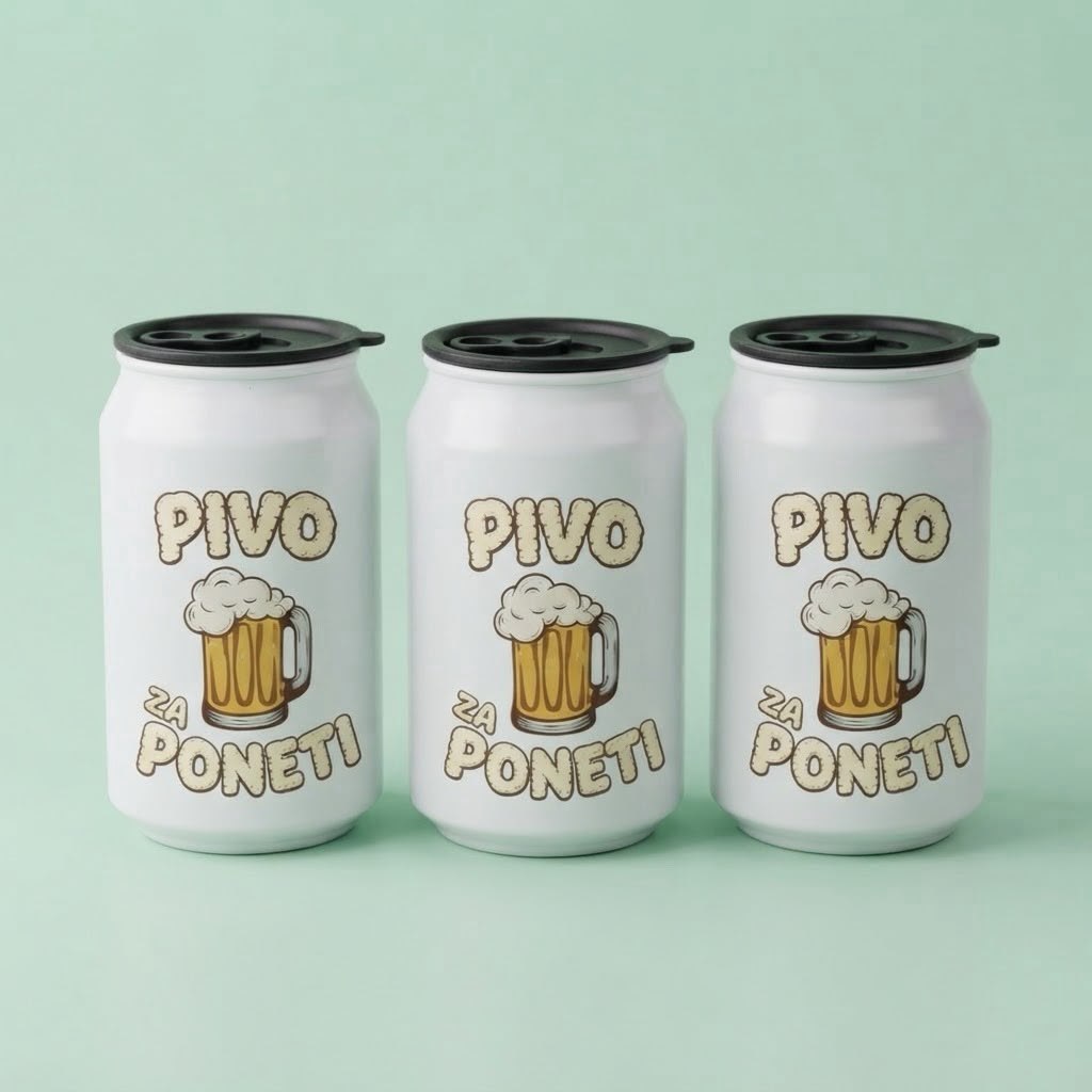 Tri bele termo limenke sa natpisom Pivo za poneti